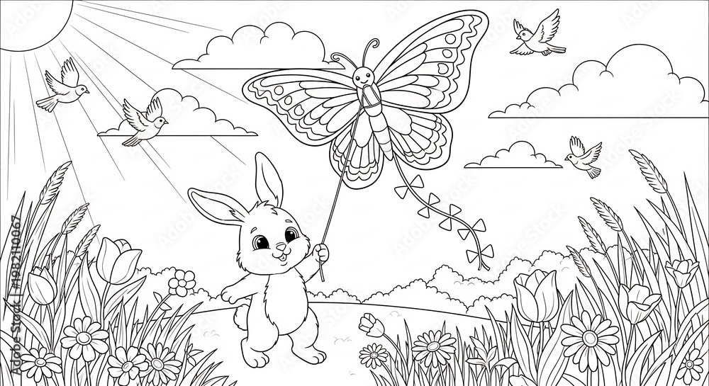 Fototapeta premium Cute Bunny Flying a Butterfly Kite in a Sunny Meadow with Birds and Flowers.