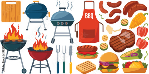 Φωτογραφία BBQ grill food sticker set with grilled meat, vegetables and barbecue items, fla