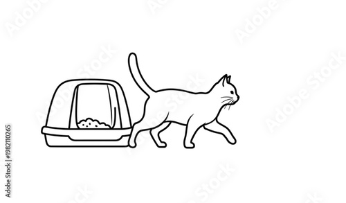 Cat walking to litter box line art minimalist pet care routine vector illustration