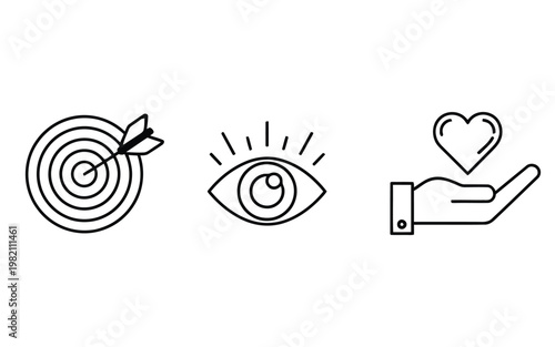 Line icons of target with arrow, eye with rays, and hand with heart