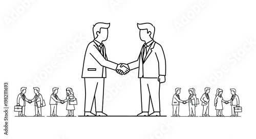 Line art illustrations depicting various business presentations and public speaking scenarios