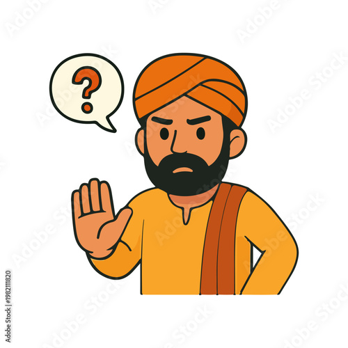 Indian man confused expression illustration. Character in orange turban and traditional outfit raising hand with question mark speech bubble.