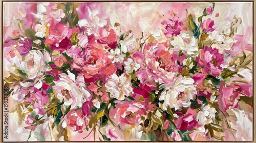 Vibrant abstract floral painting bursting with lush pink and white blossoms, evoking a feeling of joy and natural beauty.