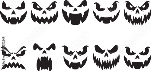 Halloween, spooky, scary, black, vector, icons, jack-o-lanterns, faces, set of 8