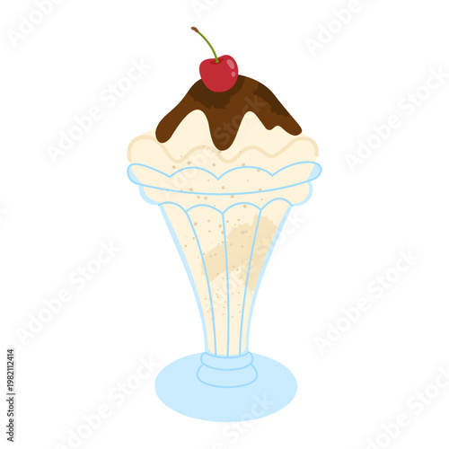 Ice cream sundae in tall glass. Sweet dessert with chocolate topping and cherry isolated on white background. Perfect for menu, posters, stickers and cafe designs. Flat vector illustration.