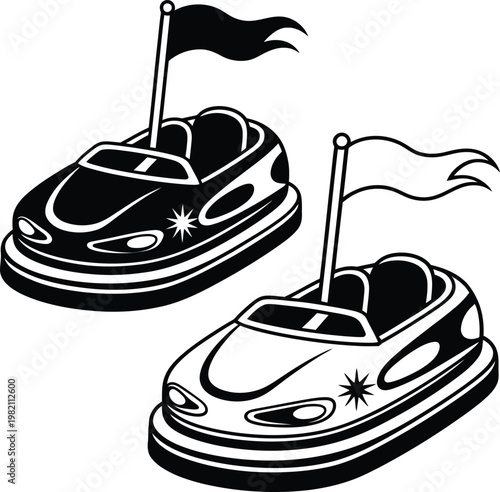 Two bumper cars with flags black and white illustration bumper car carnival ride amusement park entertainment illustration transportation attraction