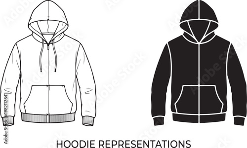 Hoodie vector illustrations, zip-up sweatshirts, black and white, fashion design elements, clothing templates
