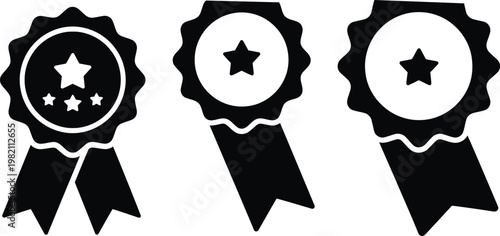 Black and white award ribbons three star shaped recognition icons