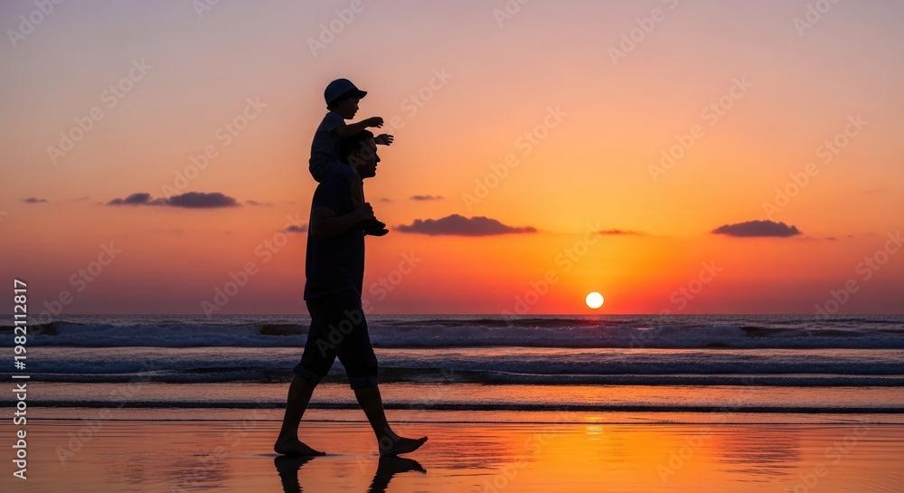 Fototapeta premium Celebrating happy fathers day silhouette of a father with camera at sunset on beach