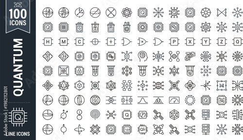 A collection of 100 quantum line icons on a white background AI, eps, png, jpg. transparent background.