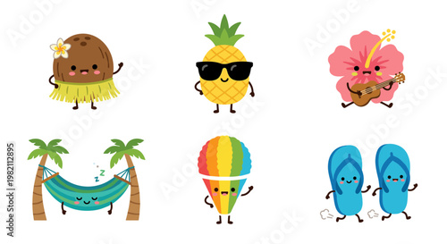 Tropical Summer Vacation Icons Set with Hula Coconut, Pineapple with Sunglasses, Hibiscus Flower, Hammock, Shaved Ice and Flip Flops Characters