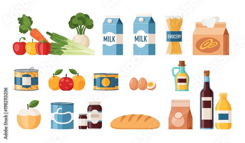 Modern Grocery Items Set Flat Design for Supermarket and Food Delivery Concept