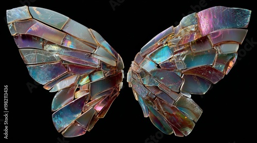 Two butterfly wings, crafted from iridescent, fragmented surfaces with sharp edges, on a solid black background