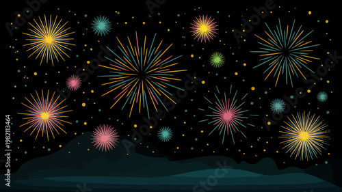 Colorful fireworks exploding in the night sky with hills  vibrant festive celebration display