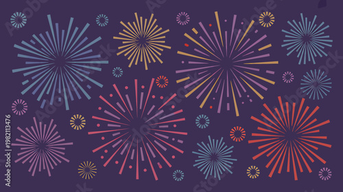 Colorful fireworks explosion pattern on dark purple background