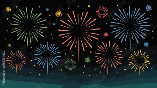 Colorful fireworks exploding in the night sky with vibrant streaks and dots everywhere outside