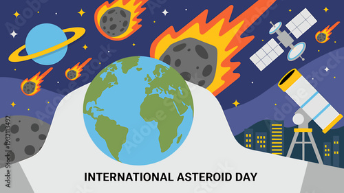 International Asteroid Day illustration with Earth and asteroids in space  astronomy awareness campaign