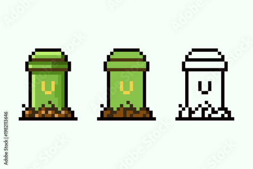 A collection of three pixel art icons depicting a green compost bin on a mound of soil. Featuring a shaded retro version, a flat color design, and a minimalist black outline. 