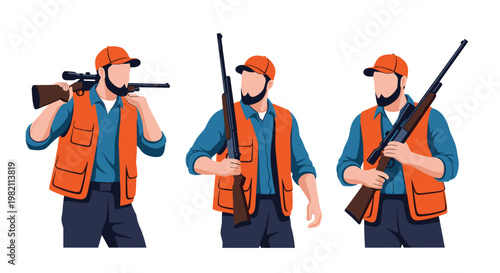 Three hunters wearing bright orange safety vests and caps hold their rifles in various poses against a white background.