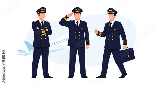 Three professional airline pilots in dark blue uniforms stand confidently in front of a white airplane silhouette.