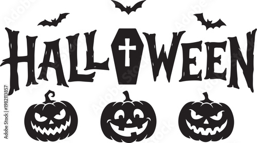 Halloween icons, spooky pumpkins, bats and tombstone, black vector graphics, holiday symbols