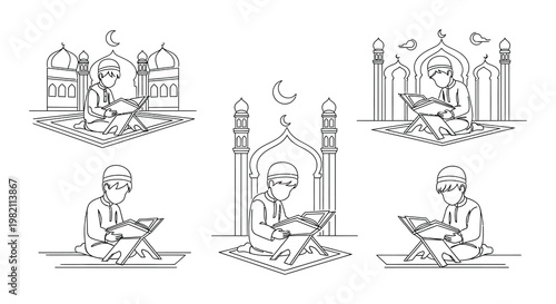 Illustrations of young muslims reading the quran in a linear style