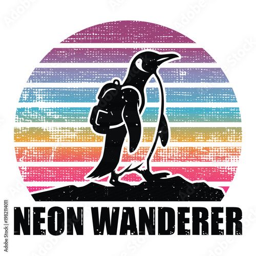 Neon Wanderer - Penguin hiker with backpack and distressed retro sun background