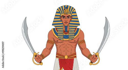 Ancient Egyptian pharaoh wearing a traditional nemes headdress holds two curved swords in a powerful and regal pose.