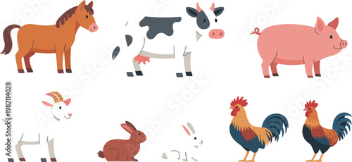 Farm animal collection featuring horse cow pig goat rabbit and rooster in flat vector illustration style for children education and rural design