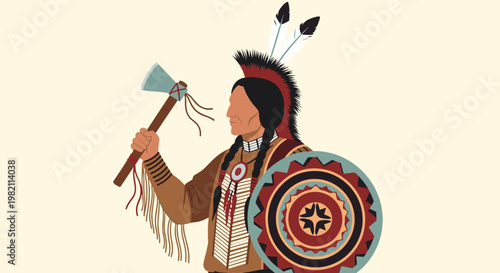 Traditional Native American warrior in a feathered headdress holds a stone axe and a decorated tribal shield in profile.