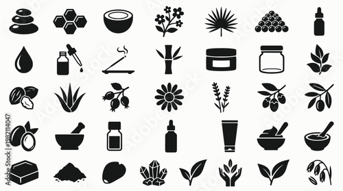 Natural Wax Icons. Natural wax candle materials. Line icon set of natural wax candle materials: soy beans, beeswax honeycomb, coconut shell, rapeseed plant,