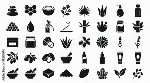 Natural Wax Icons. Natural wax candle materials. Line icon set of natural wax candle materials: soy beans, beeswax honeycomb, coconut shell, rapeseed plant,