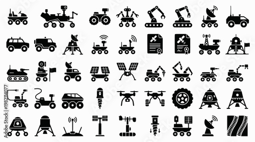 Lunar Rover Icons. Lunar exploration rover. Line icon set of Lunar exploration rover: moon vehicle, crater crossing, space wheels, scientific instruments,