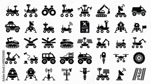 Lunar Rover Icons. Lunar exploration rover. Line icon set of Lunar exploration rover: moon vehicle, crater crossing, space wheels, scientific instruments,