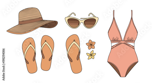 Summer beach vacation set includes a straw sun hat sunglasses flip flops and a stylish pink one piece swimsuit outfit.