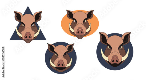 Four stylized illustrations of a wild boar head with prominent tusks are shown inside various geometric frame shapes.