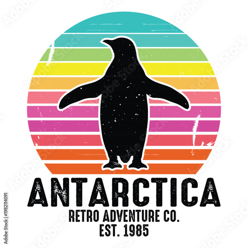 Antarctica Retro Adventure - Penguin silhouette with outstretched wings and sun