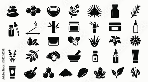 Natural Wax Icons. Natural wax candle materials. Line icon set of natural wax candle materials: soy beans, beeswax honeycomb, coconut shell, rapeseed plant,