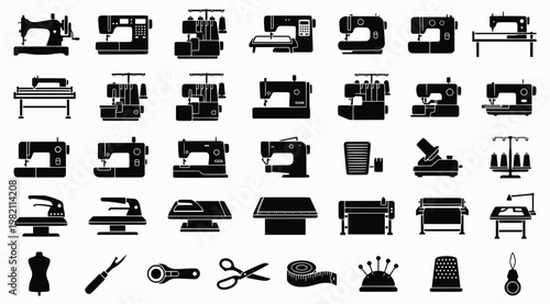 Sewing Machine Icons. Outline icon set of sewing machines: mechanical sewing machine, computerized sewing machine, serger, embroidery machine, portable sewing