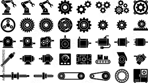 Automation and robotics line icons set – linear, outline, industrial tools
