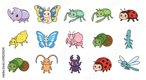 Large Collection of Cute Cartoon Insects and Bugs Featuring Butterfly, Beetle, Ladybug, Dragonfly and Caterpillar Characters for Kids Education Design