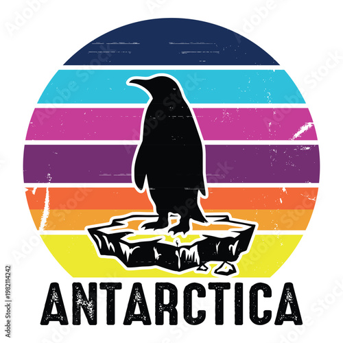 Antarctica Penguin - Silhouette standing on ice floe with retro sunset sky