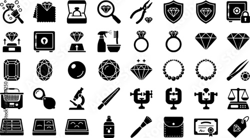 Garnet Care Icons. Outline icon set of garnet care and maintenance: jewelry cleaning, polishing cloth, jewelry box, gemstone
