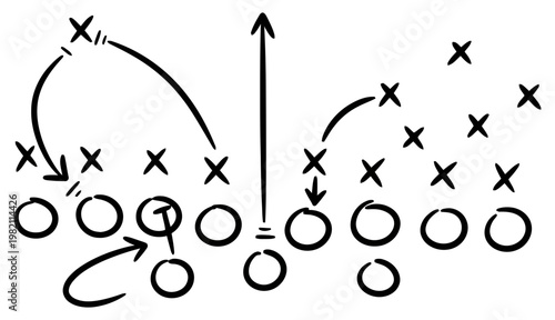 Football play diagram with player positions arrows and tactical formation sketch illustration