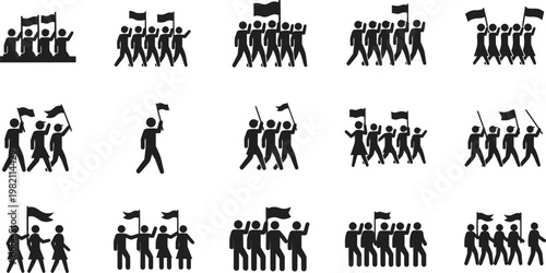 Black and white silhouettes of protesting crowds with raised fists