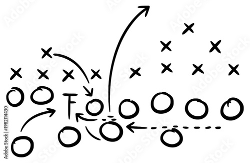 Football play diagram with arrows formations and player movement tactical sketch illustration