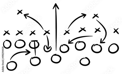 Football strategy play diagram with arrows and player positions in hand drawn style