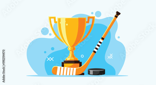 Golden trophy cup stands proudly next to a professional hockey stick and a black rubber puck on a blue background.
