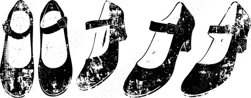 worn vintage ballet shoes in black and white isolated on white background