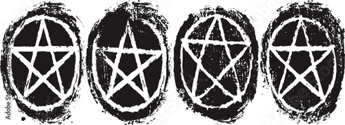 grunge pentagram symbols set with rough brush stroke circles in black isolated on white background